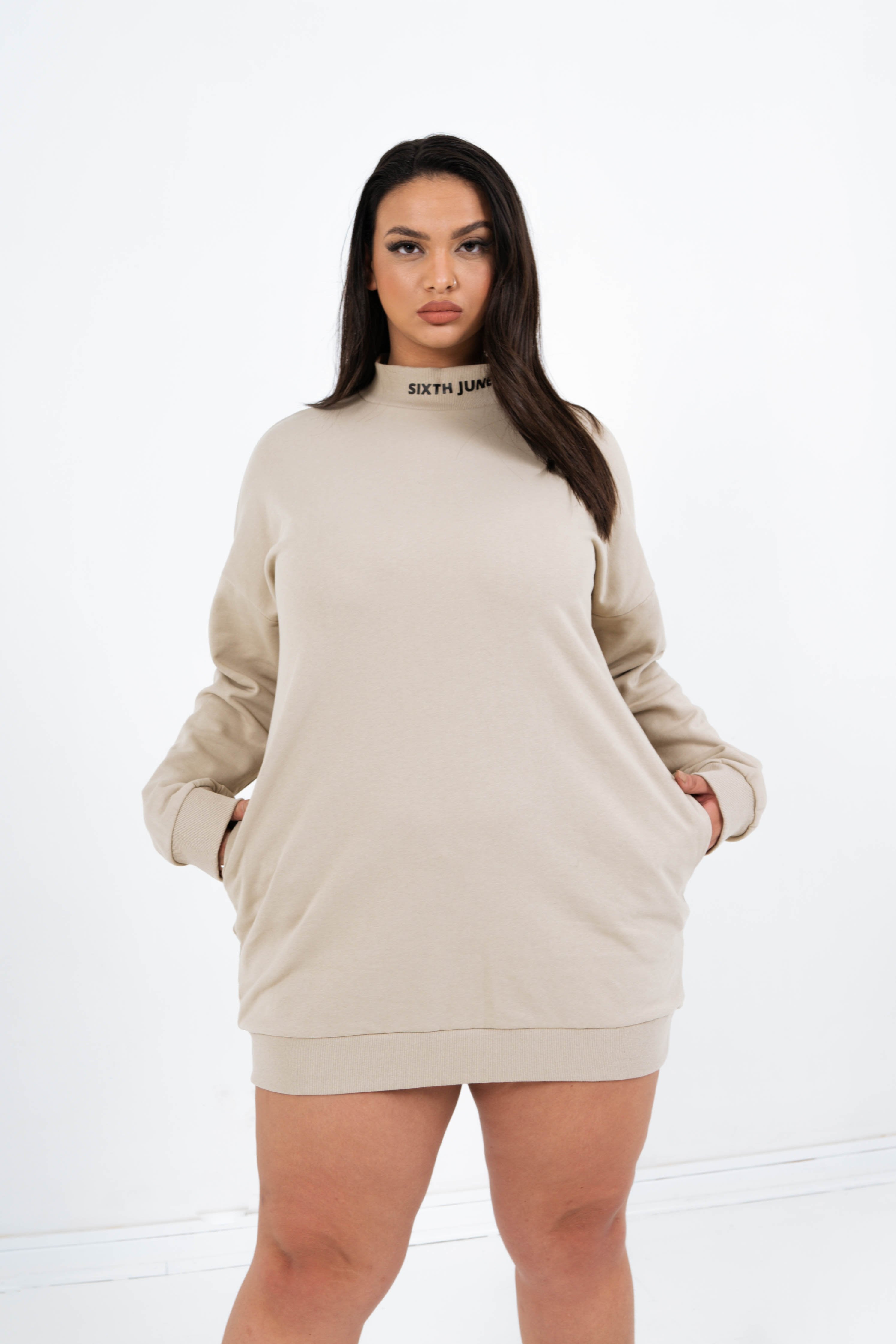Robe sweat col côtelé Beige