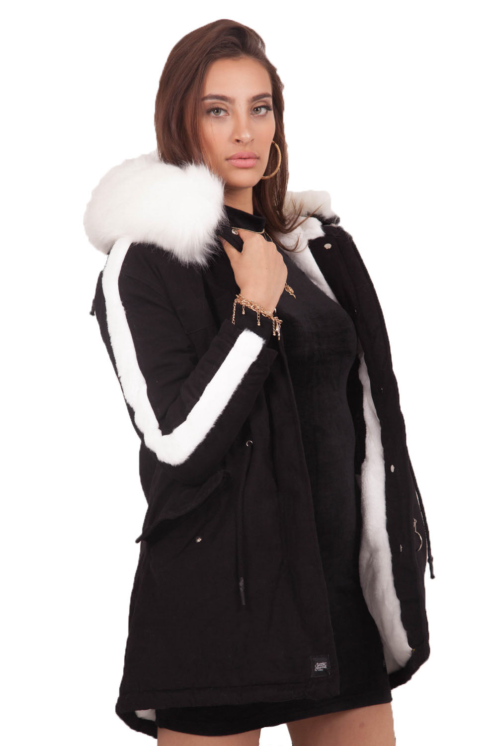 Sixth June - Parka bande fourrure Sixth June noir blanc