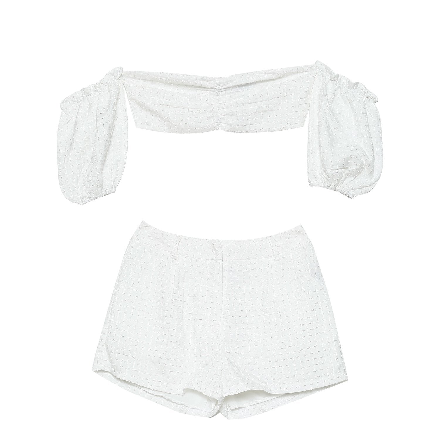 Strukturiertes Bohemian-Top + Shorts-Set Weiß