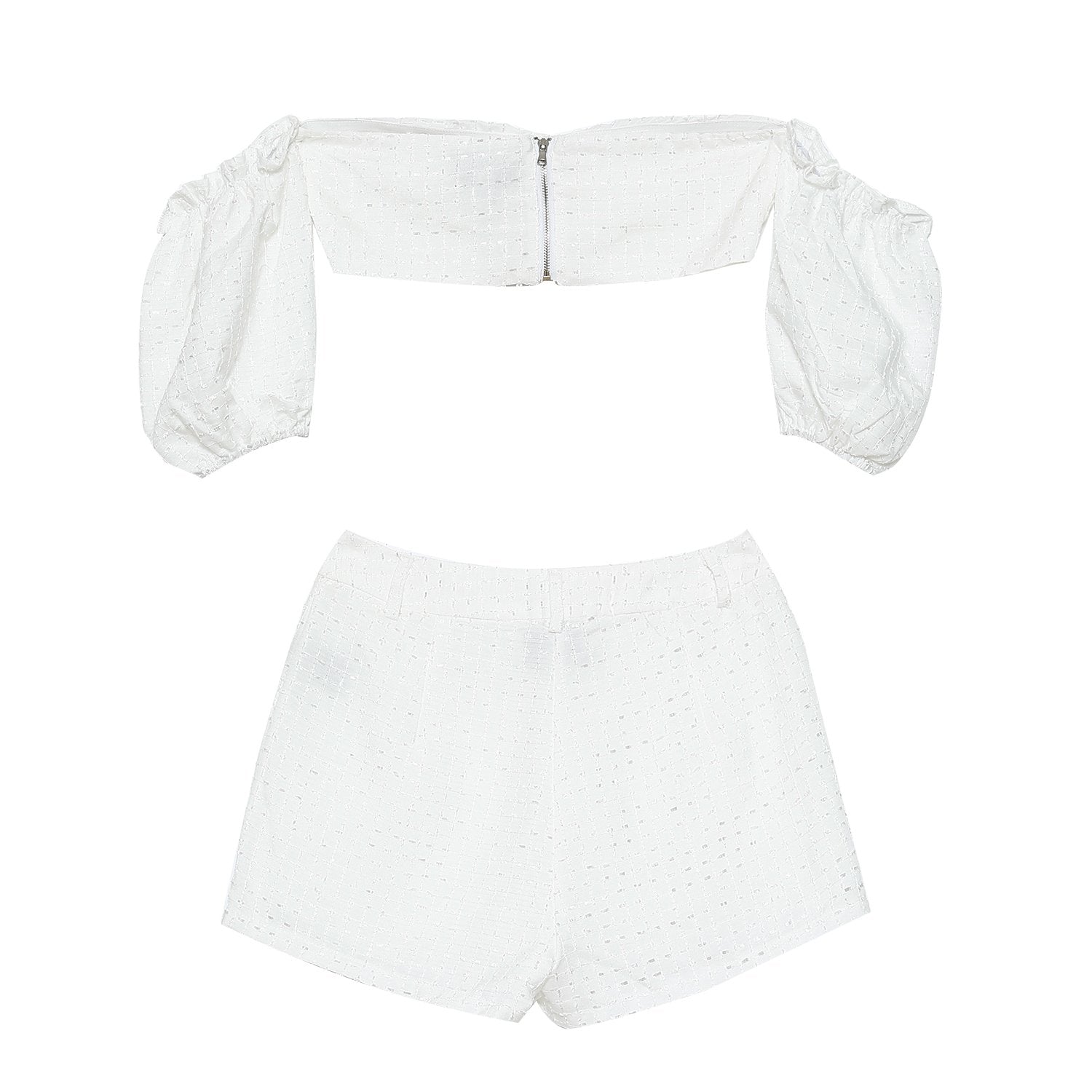 Strukturiertes Bohemian-Top + Shorts-Set Weiß