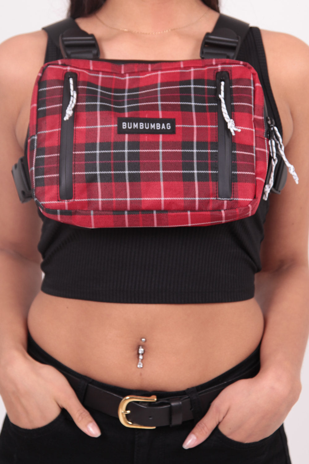 BumBumBag - Petit sac poitrine tartan zips rouge