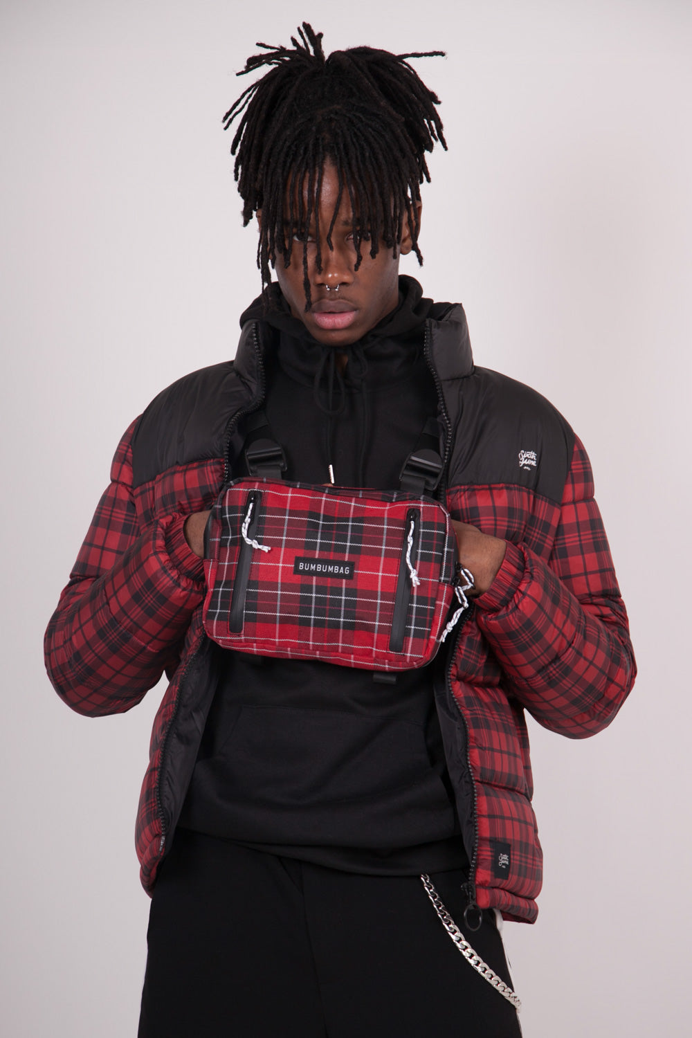 BumBumBag - Petit sac poitrine tartan zips rouge