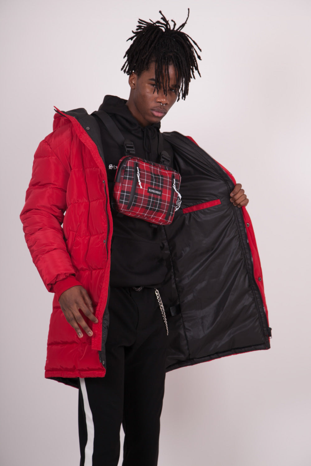 BumBumBag - Petit sac poitrine tartan zips rouge