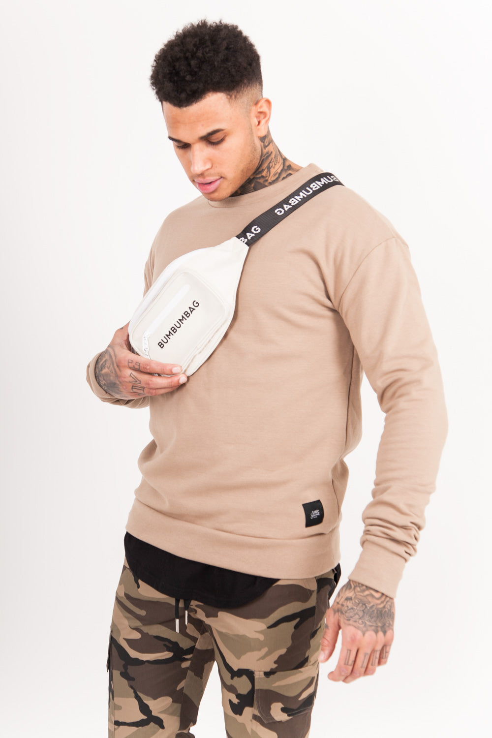 BumBumBag - Sac banane texte double zips blanc