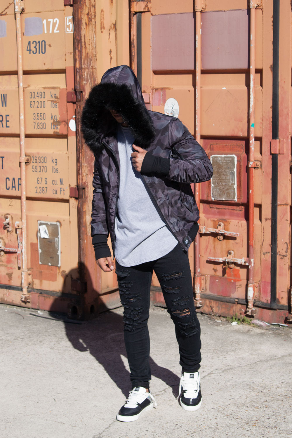 Sixth June - Bomber camouflage capuche fourrure noir M2024CJA