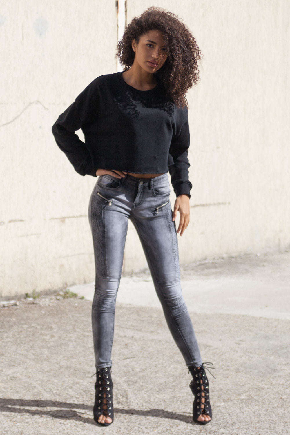 Sixth June - Jean biker Femme delavé gris W1965HDE