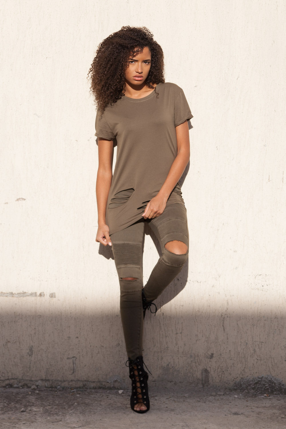 Sixth June - Jean biker Femme destroy kaki W2339HDE