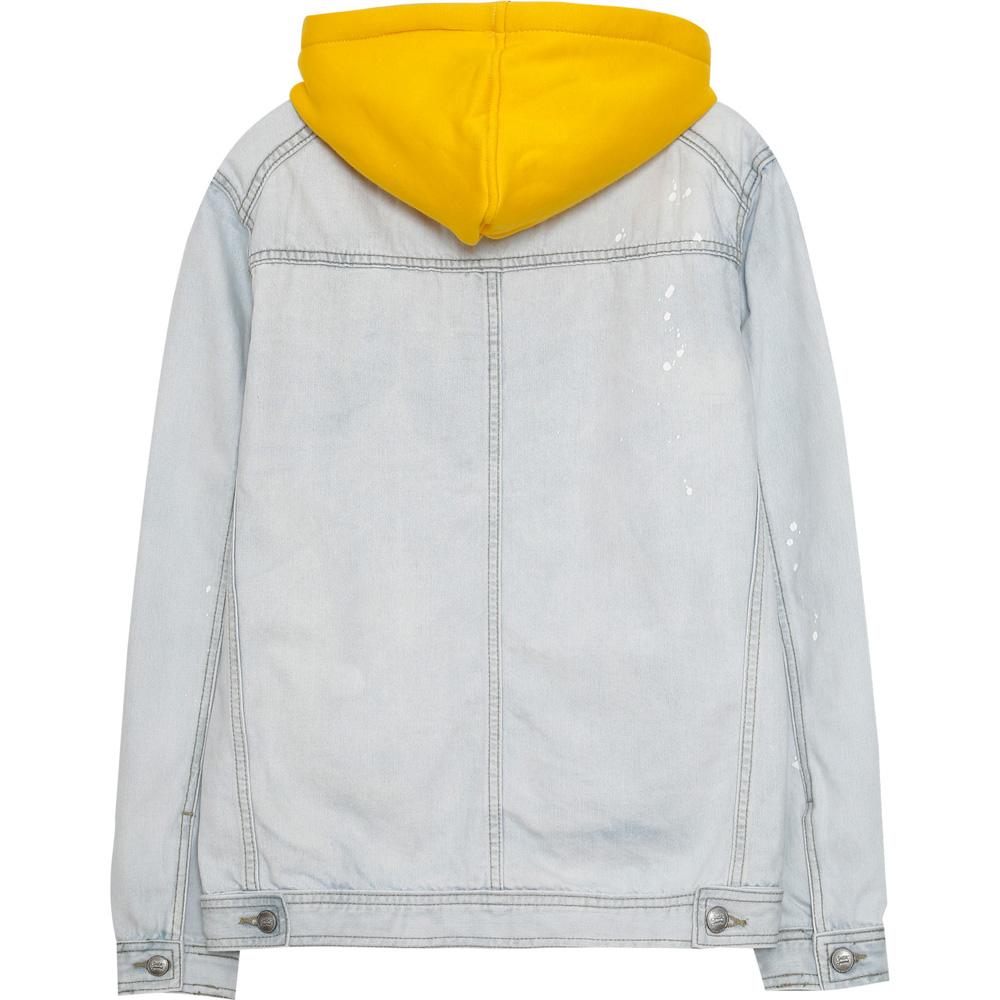 Blau-gelbe Jeansjacke mit Kapuze
