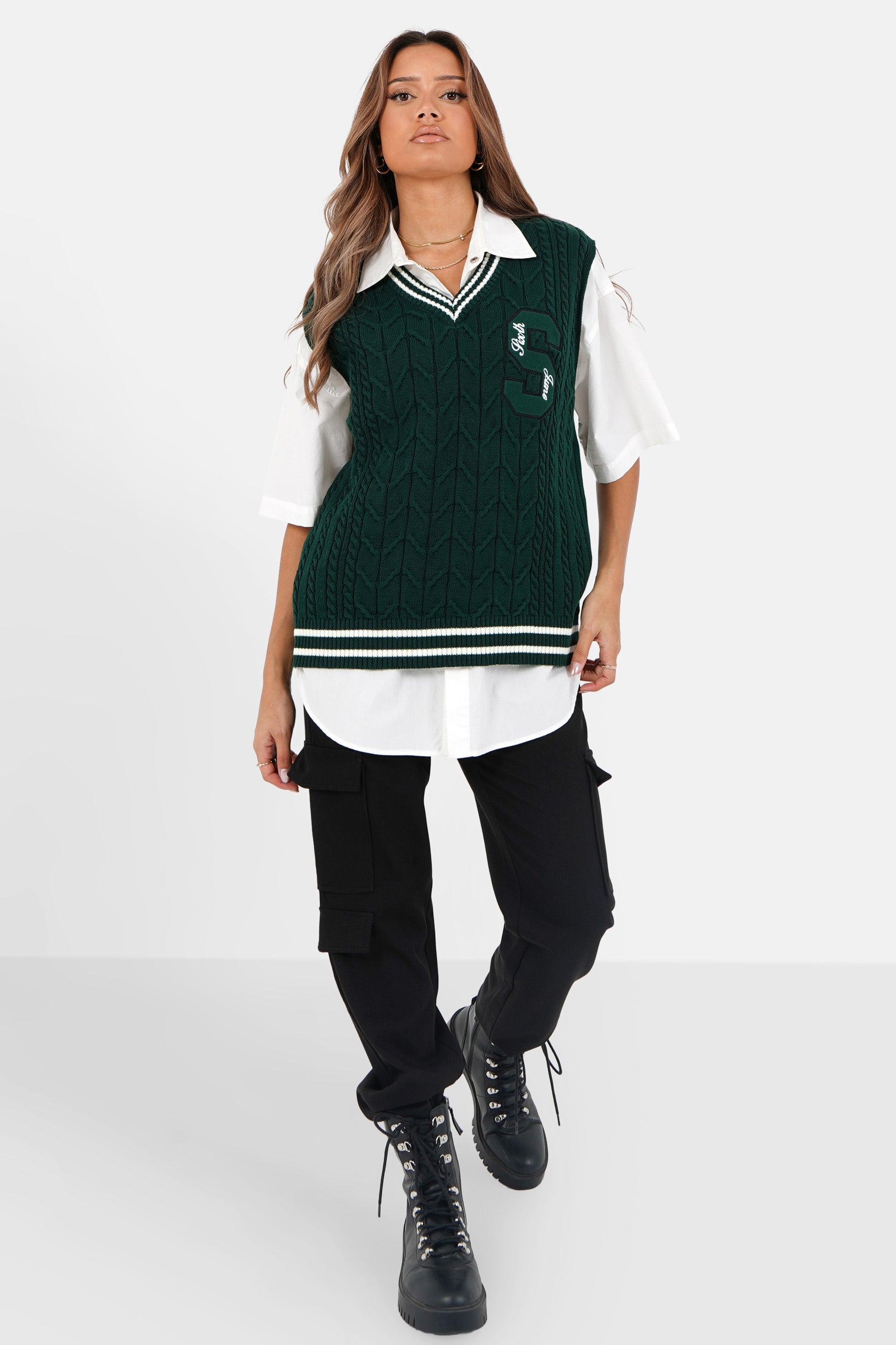 Pull sans manches maille broderie Vert foncé