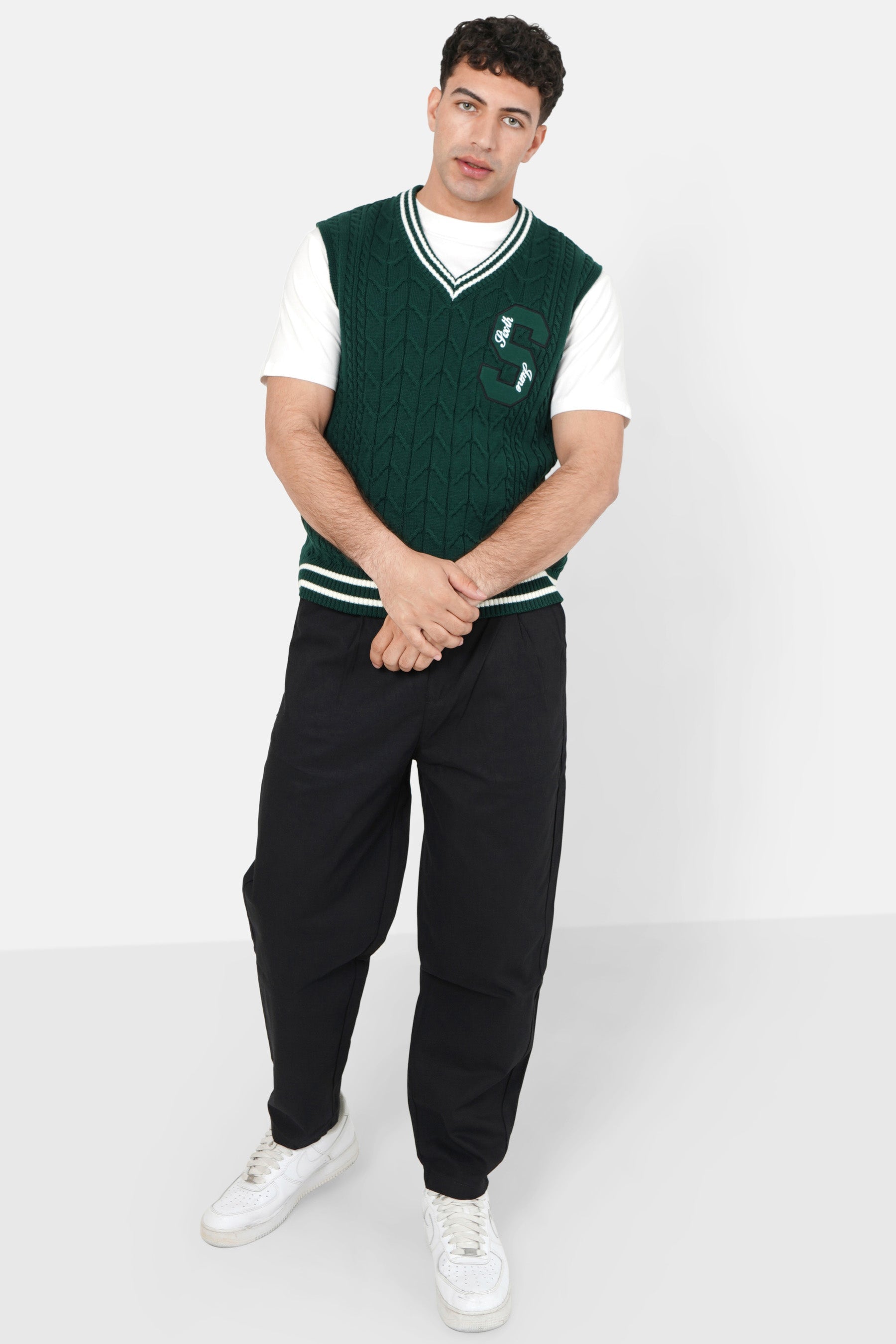 Pull sans manches maille broderie Vert foncé