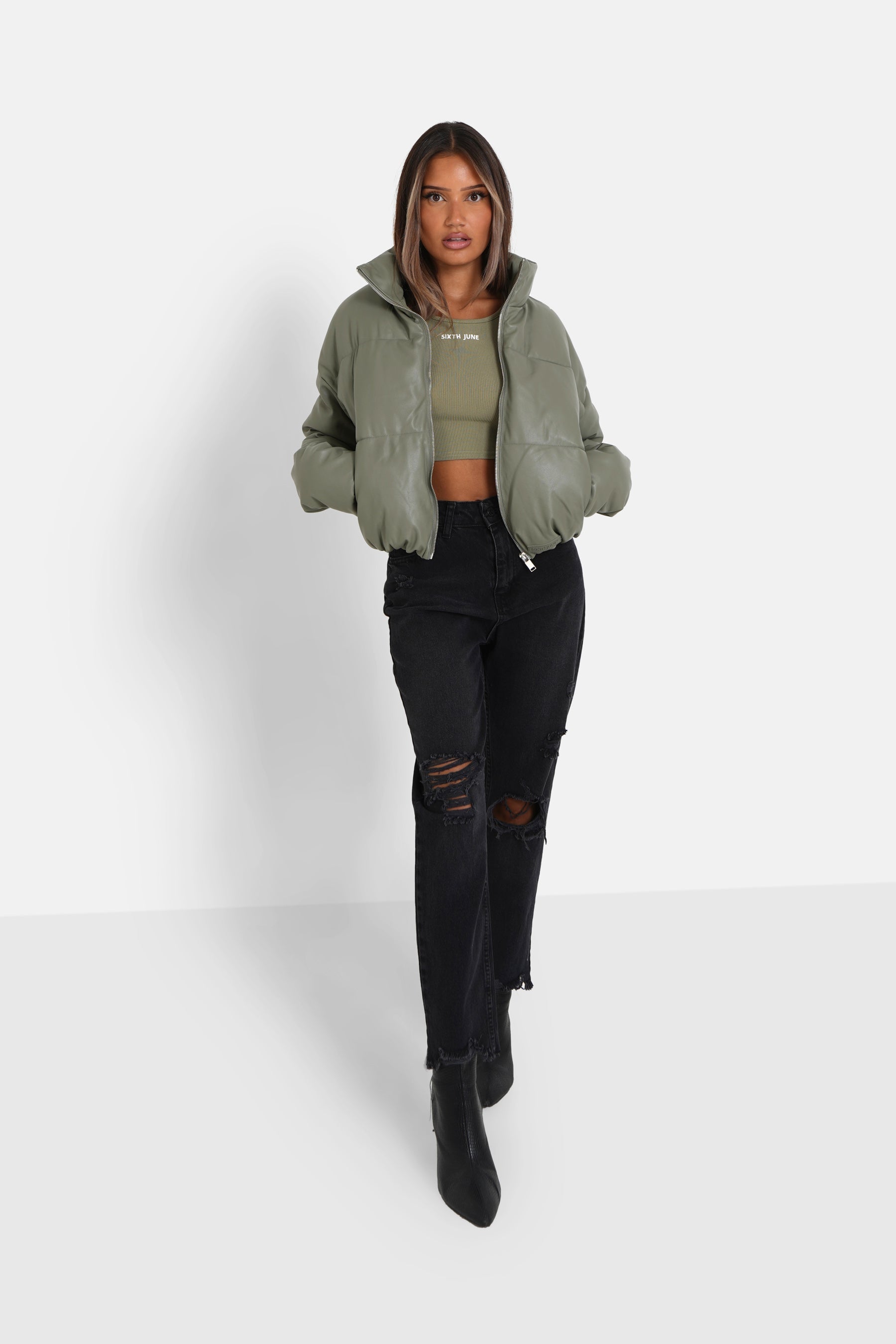 Sixth June - Doudoune courte simili cuir Vert