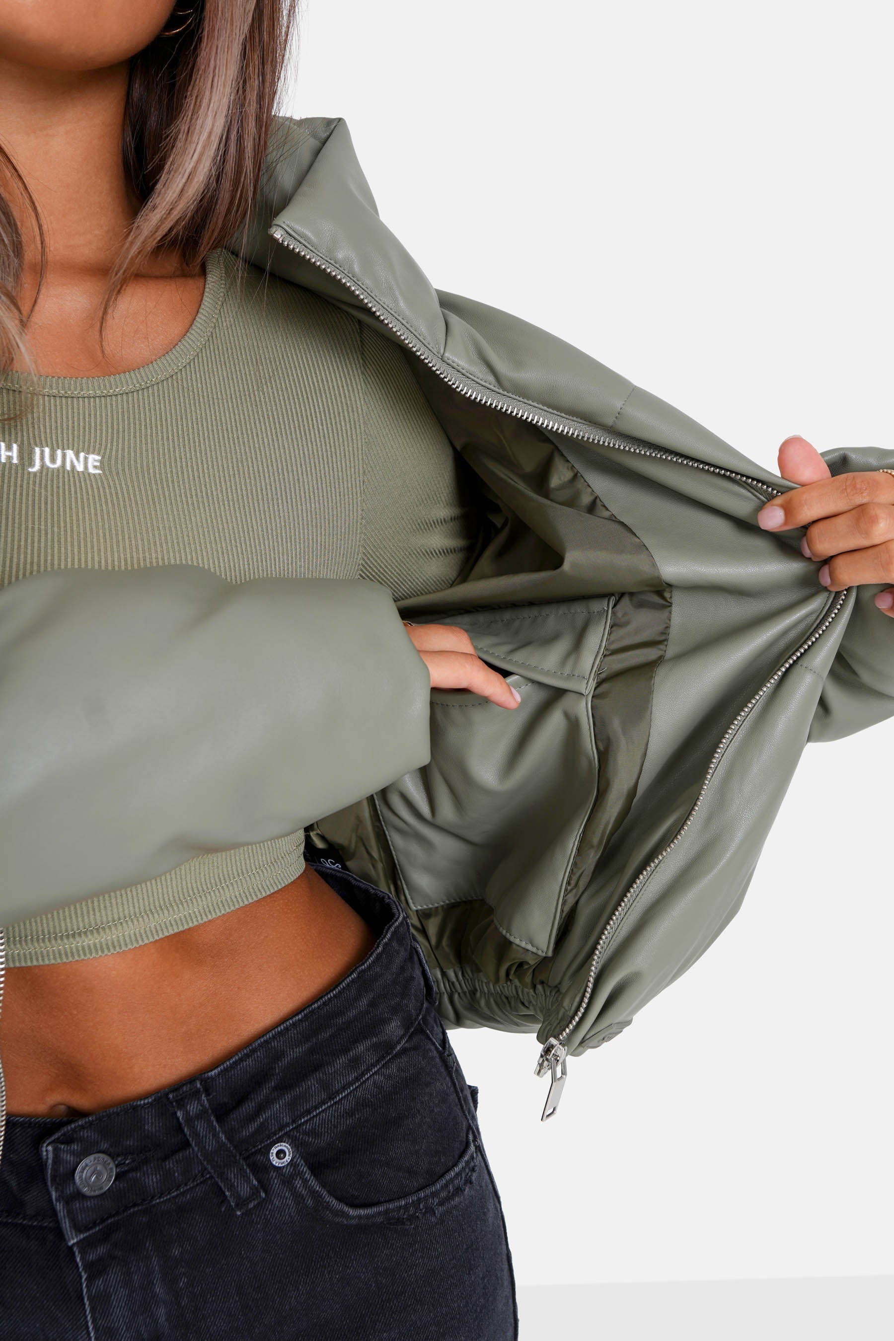 Sixth June - Doudoune courte simili cuir Vert