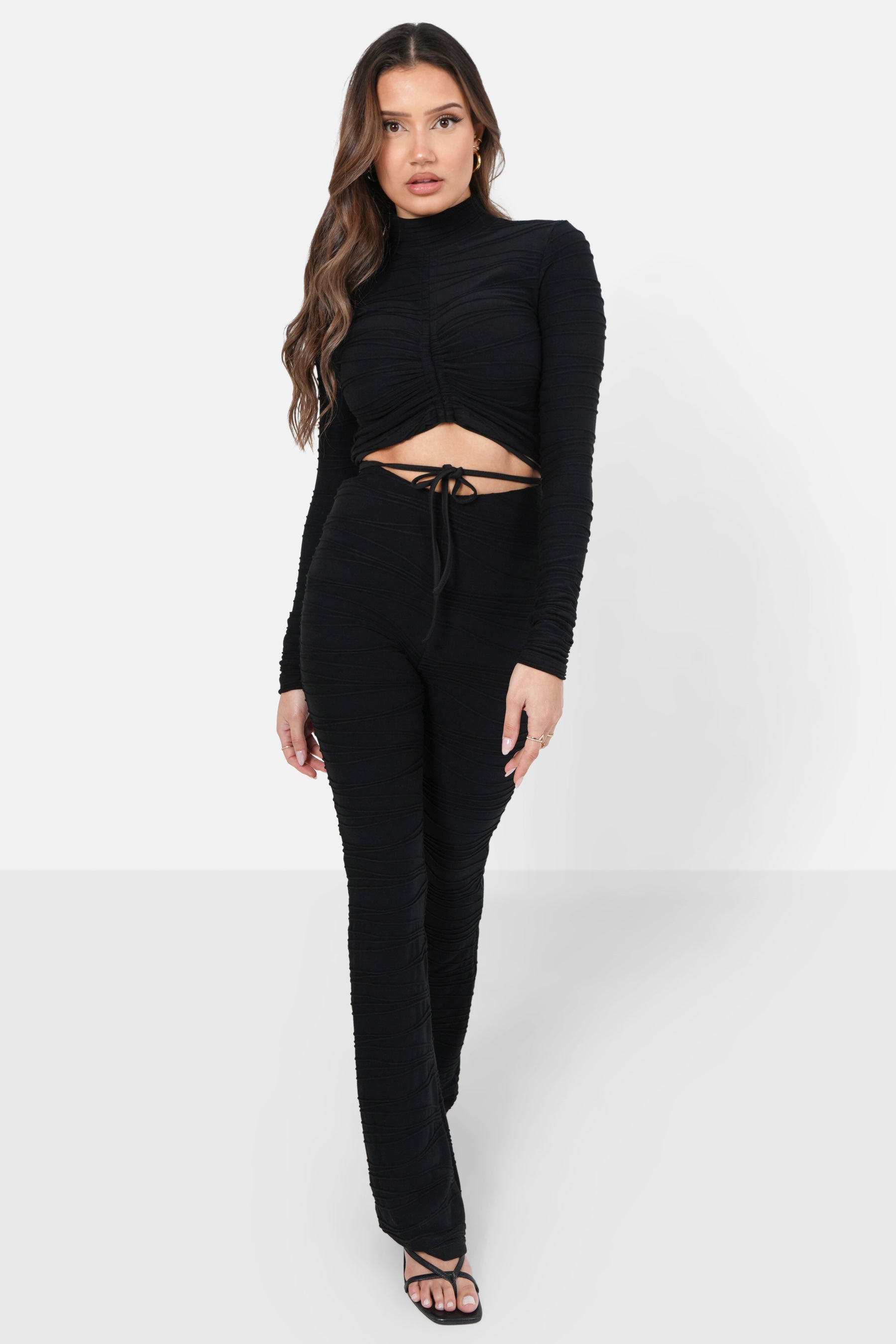 Pleated long sleeves cropped top Black