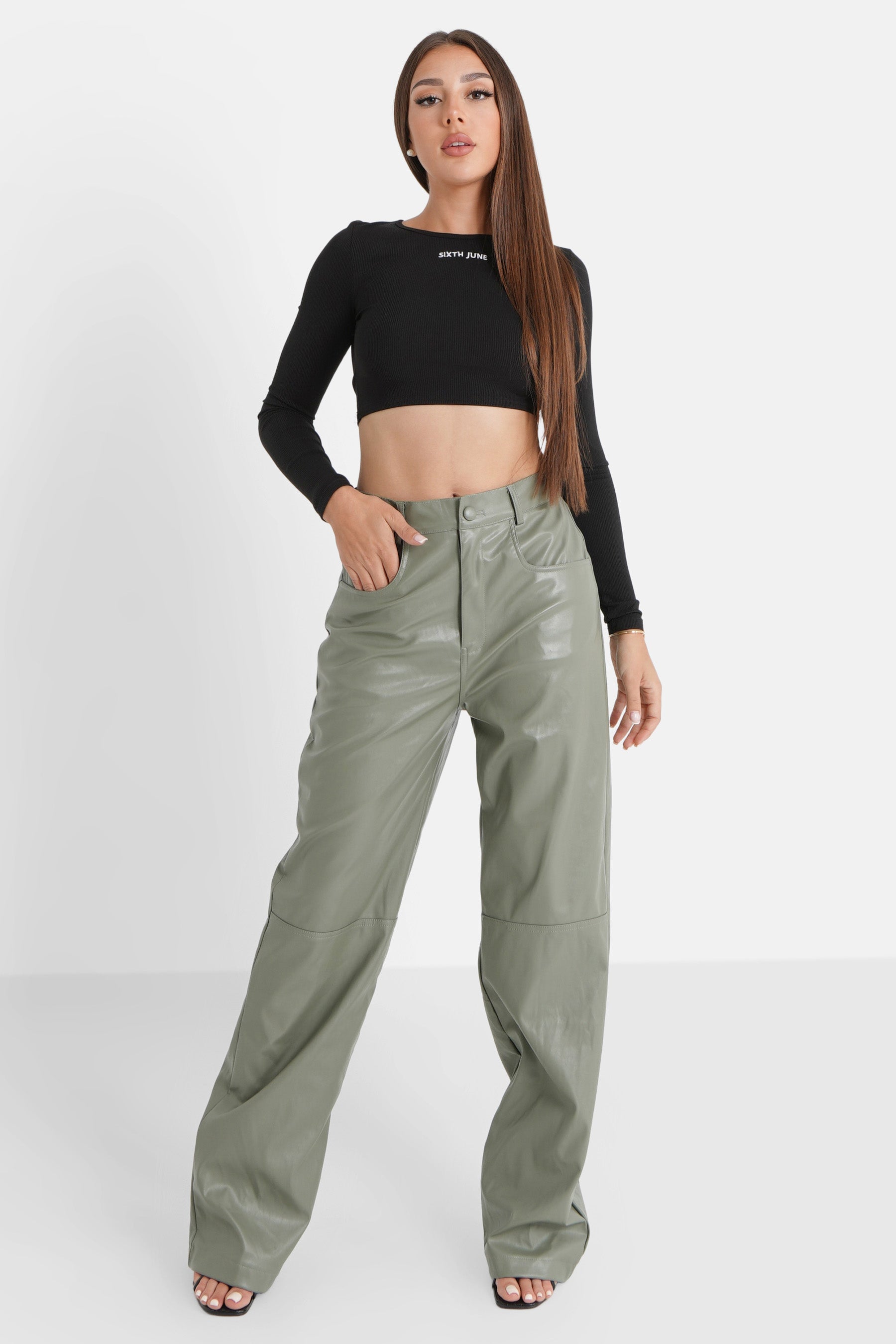 Sixth June - Pantalon droit simili cuir Vert