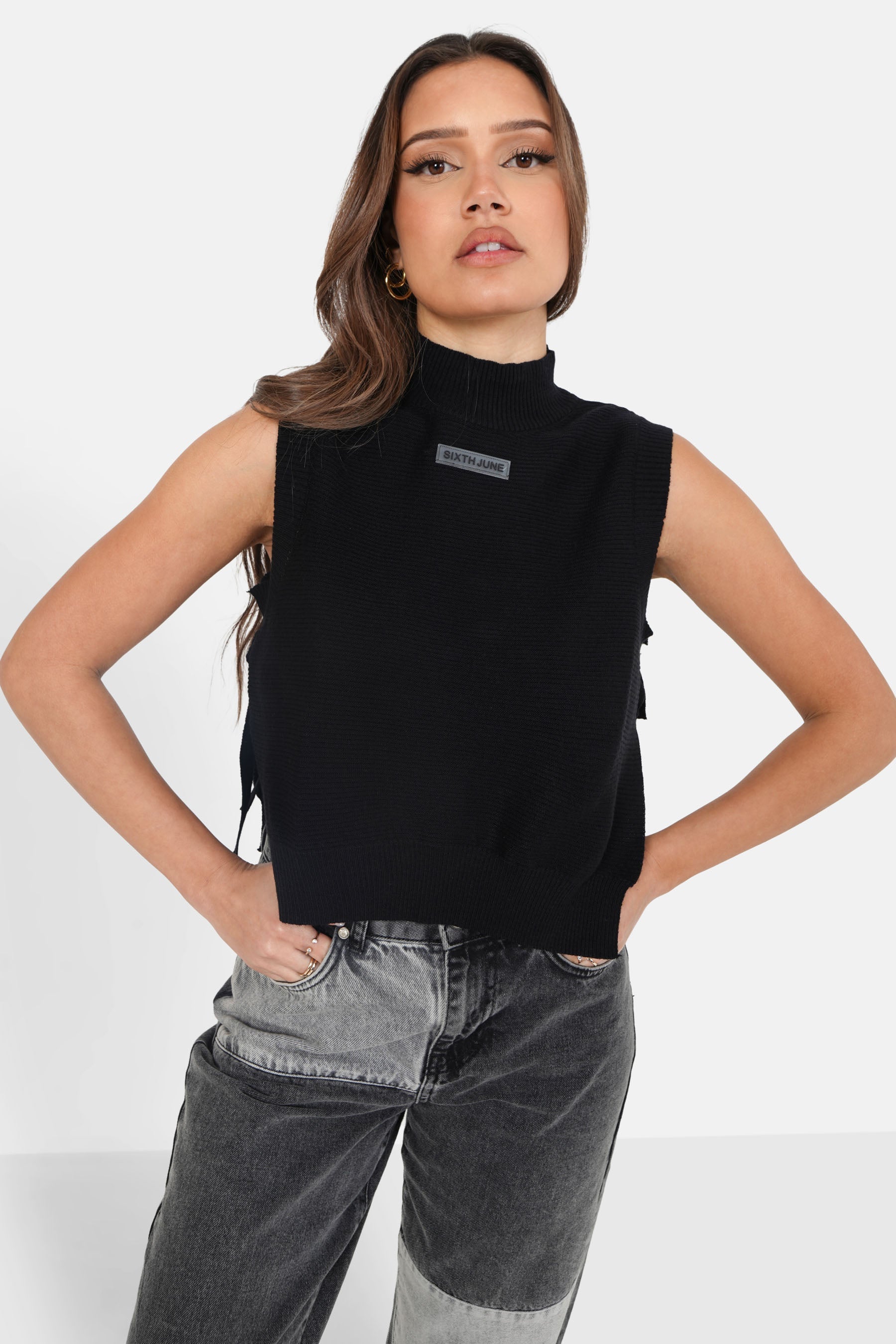 Top sans manches maille ouverture Noir