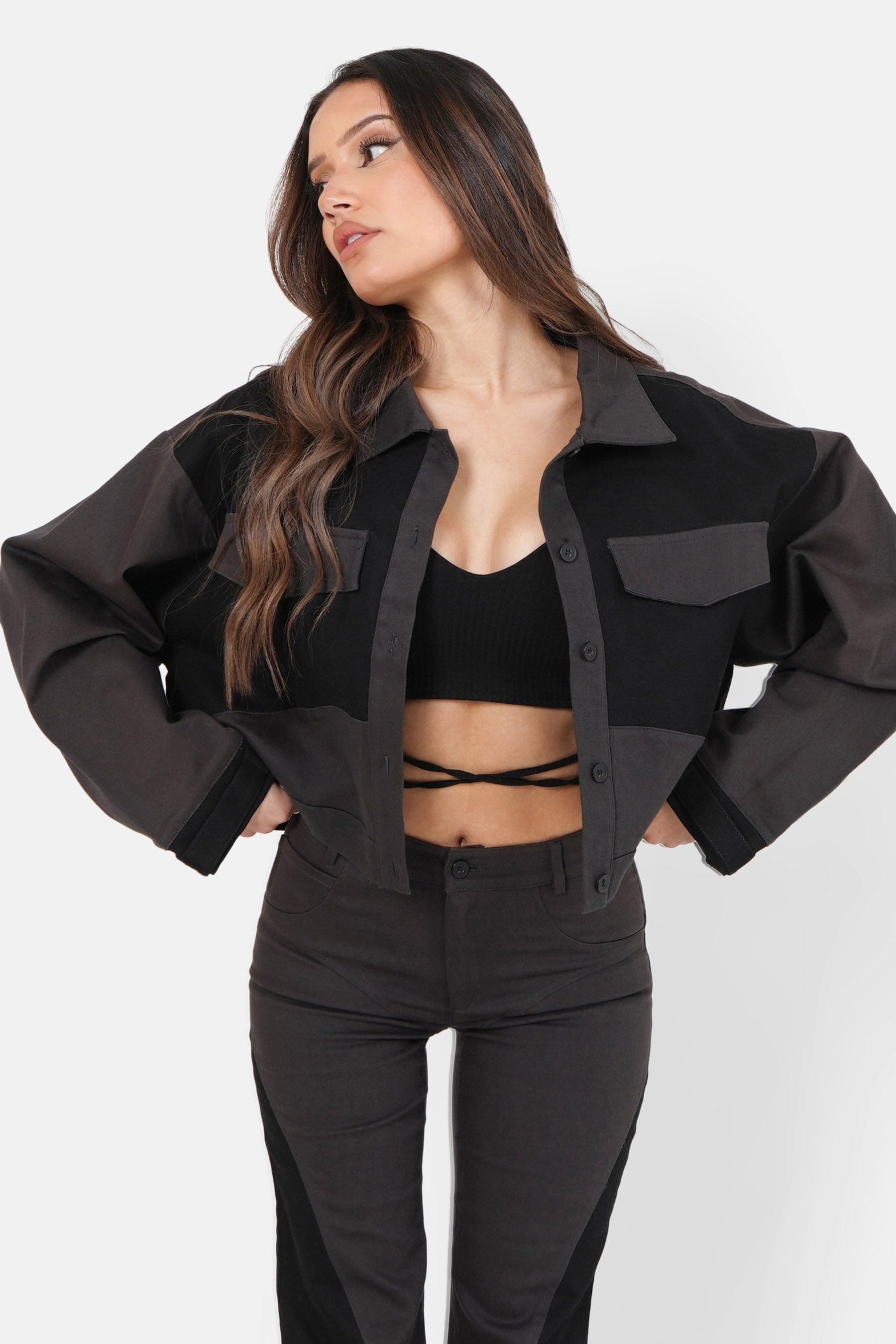 Bicolored cropped jacket Black