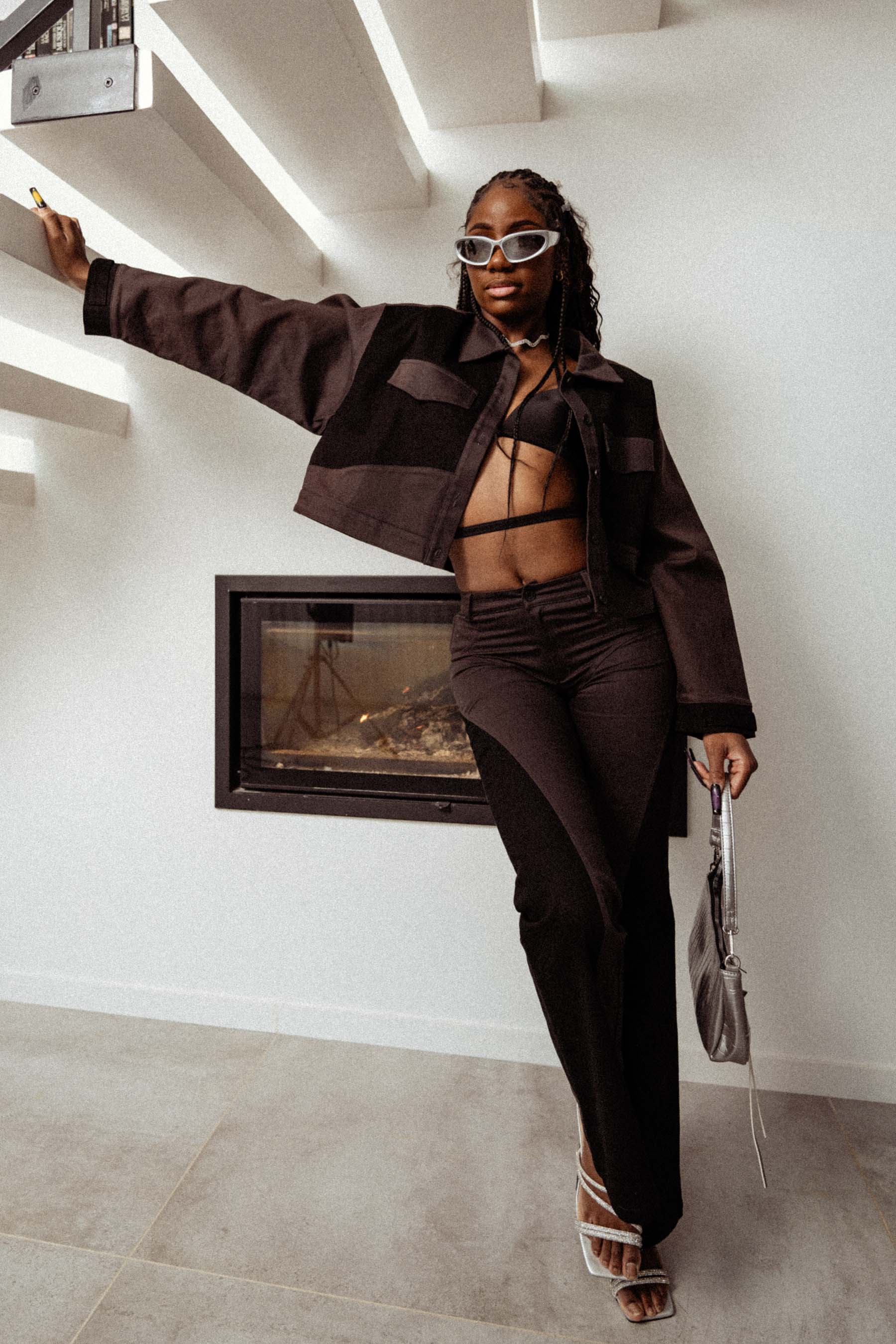 Bicolored cropped jacket Black