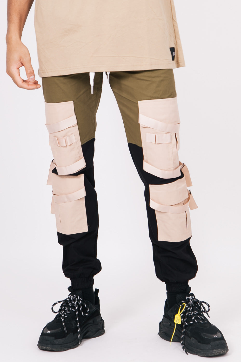 Sixth June - Pantalon cargo lanières noir kaki beige