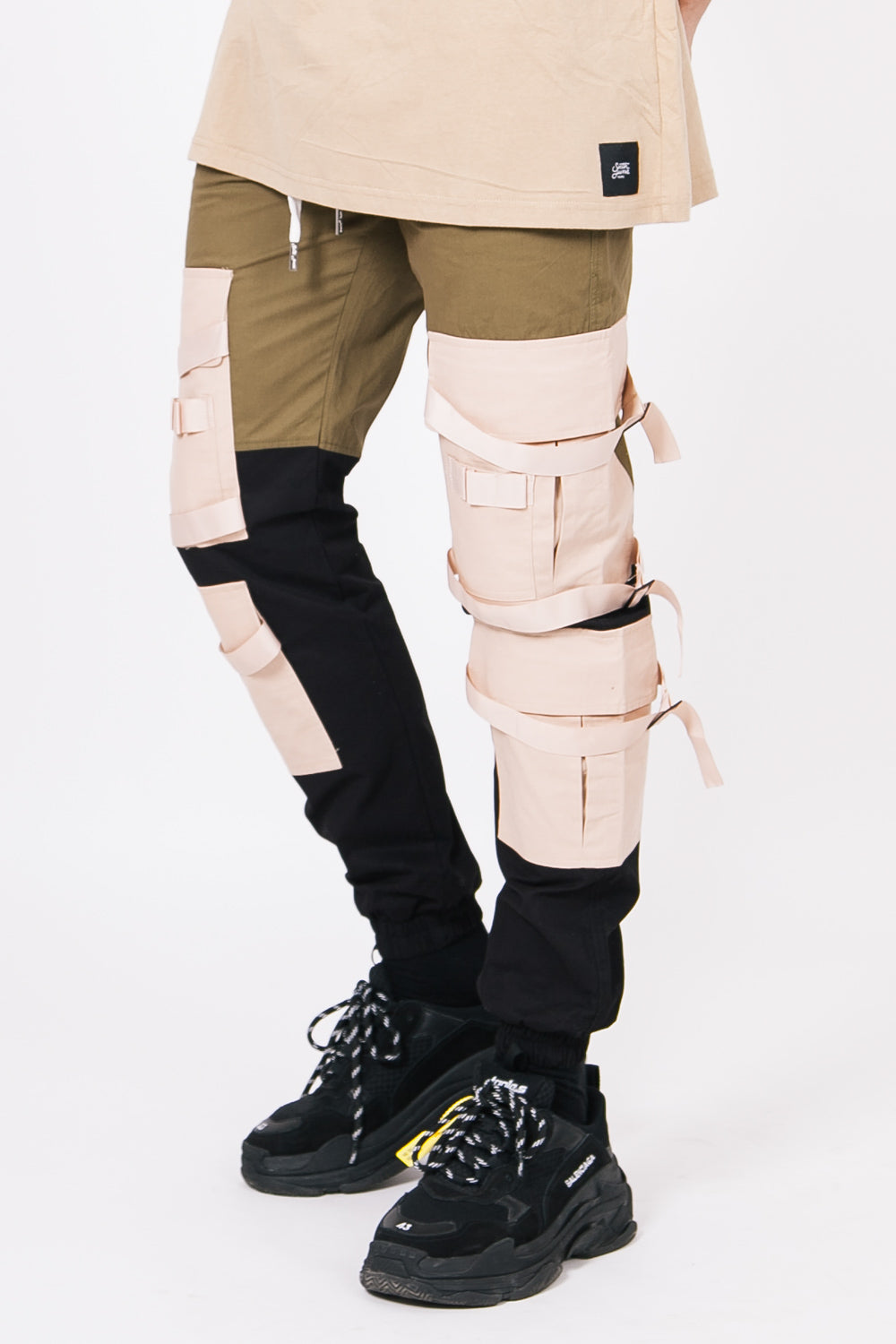 Sixth June - Pantalon cargo lanières noir kaki beige