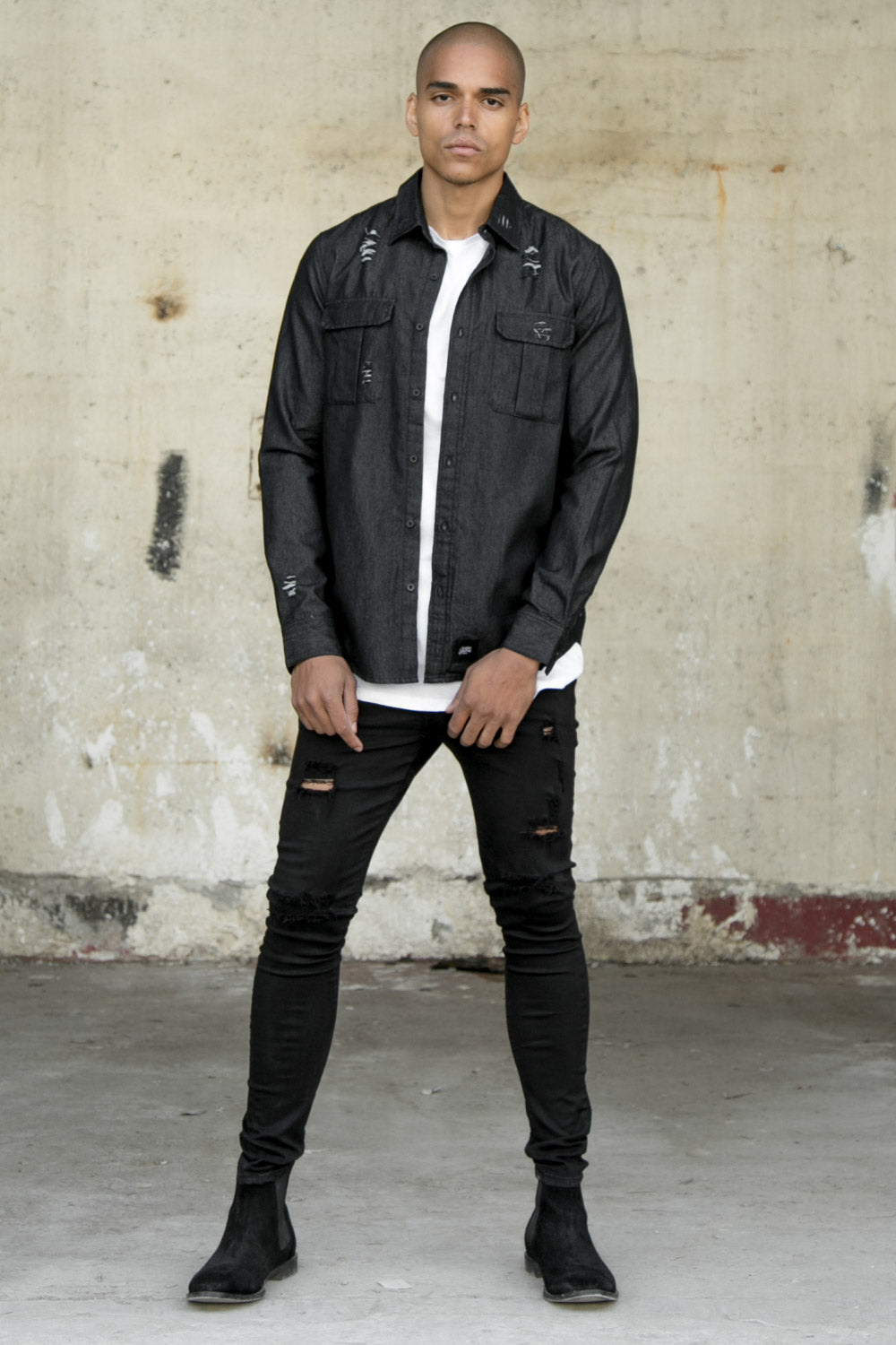 Sixth June - Chemise déchiré poches noir satiné