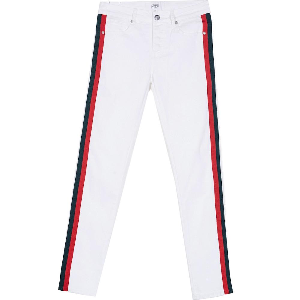 Red Green Satin Side Stripe Jeans White