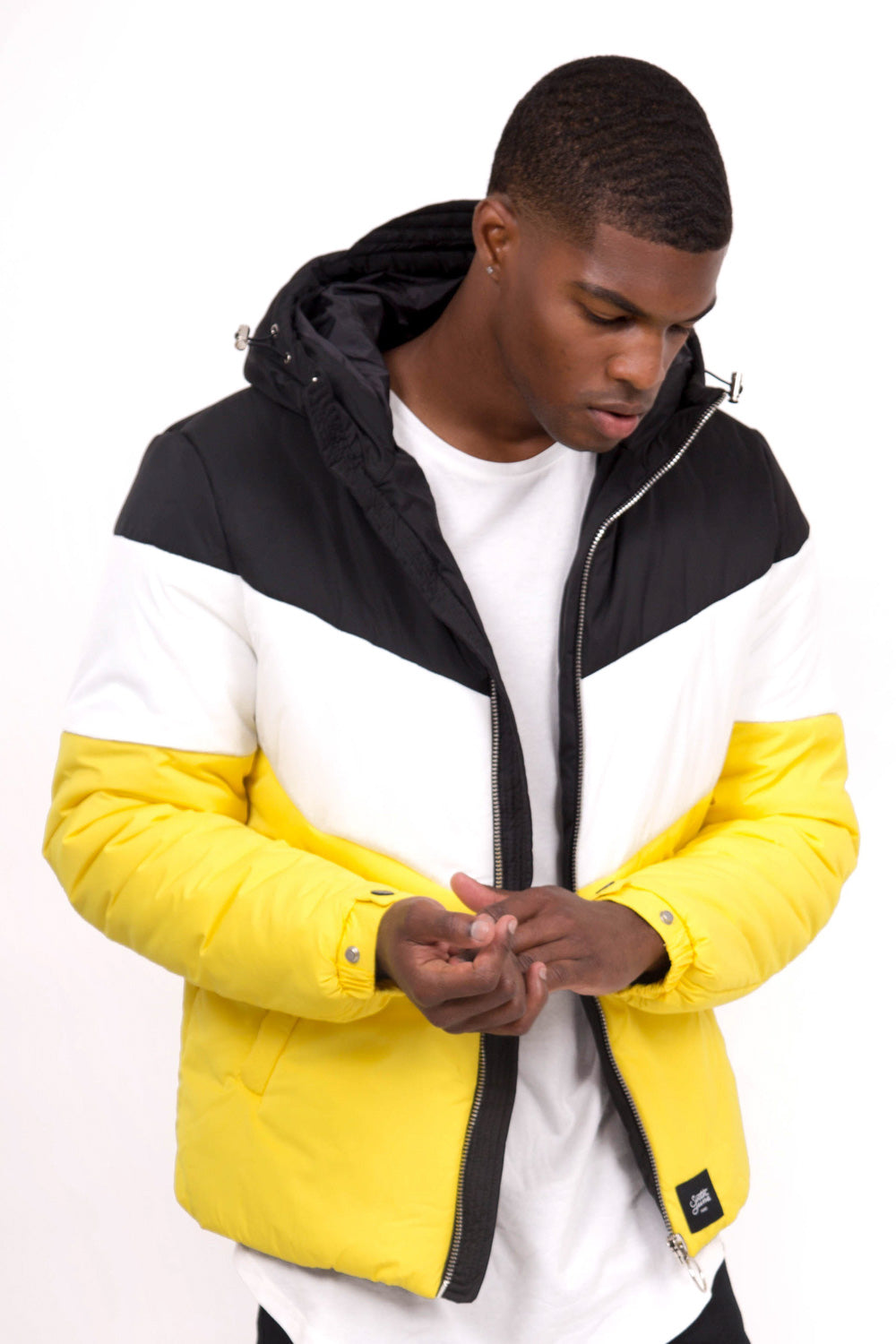 Sixth June - Doudoune tricolore capuche noir jaune blanc