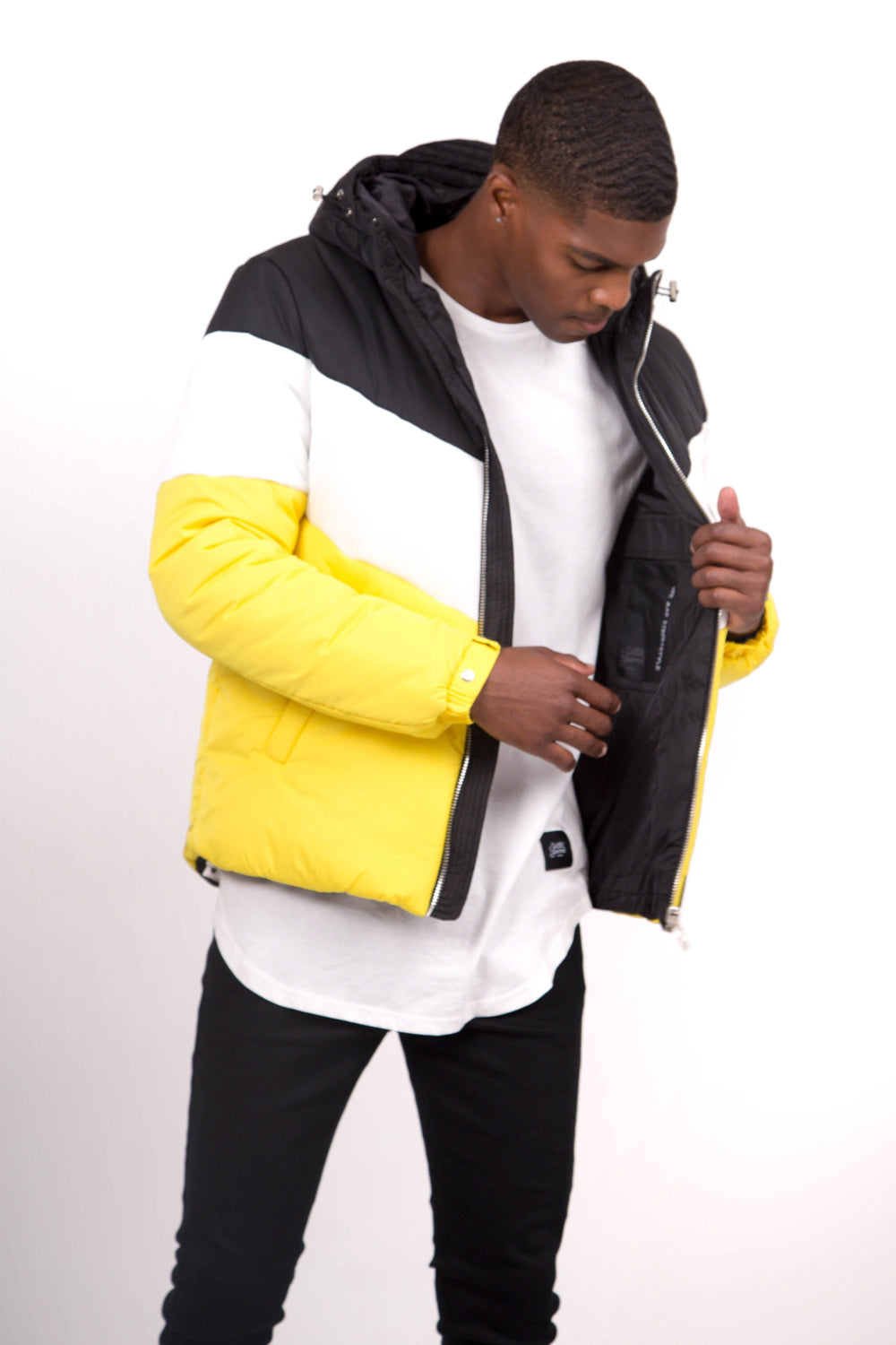 Sixth June - Doudoune tricolore capuche noir jaune blanc