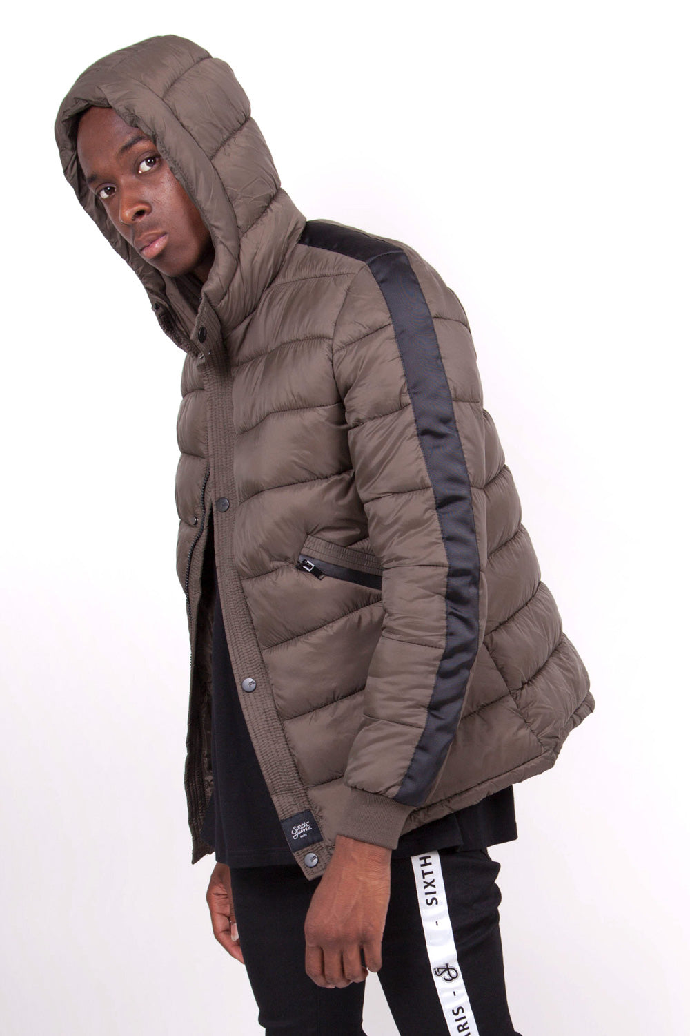 Sixth June - Doudoune bandes capuche kaki noir
