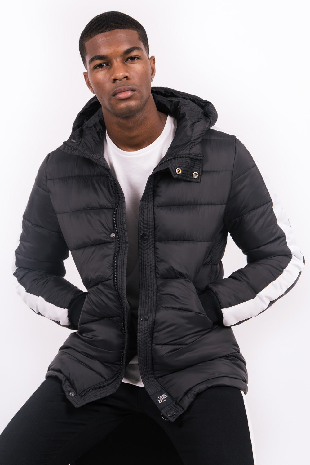 Sixth June - Doudoune bandes capuche noir blanc