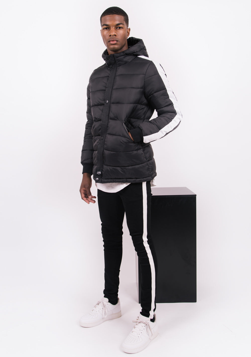 Sixth June - Doudoune bandes capuche noir blanc