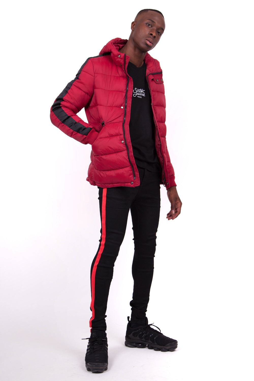 Sixth June - Doudoune bandes capuche rouge noir