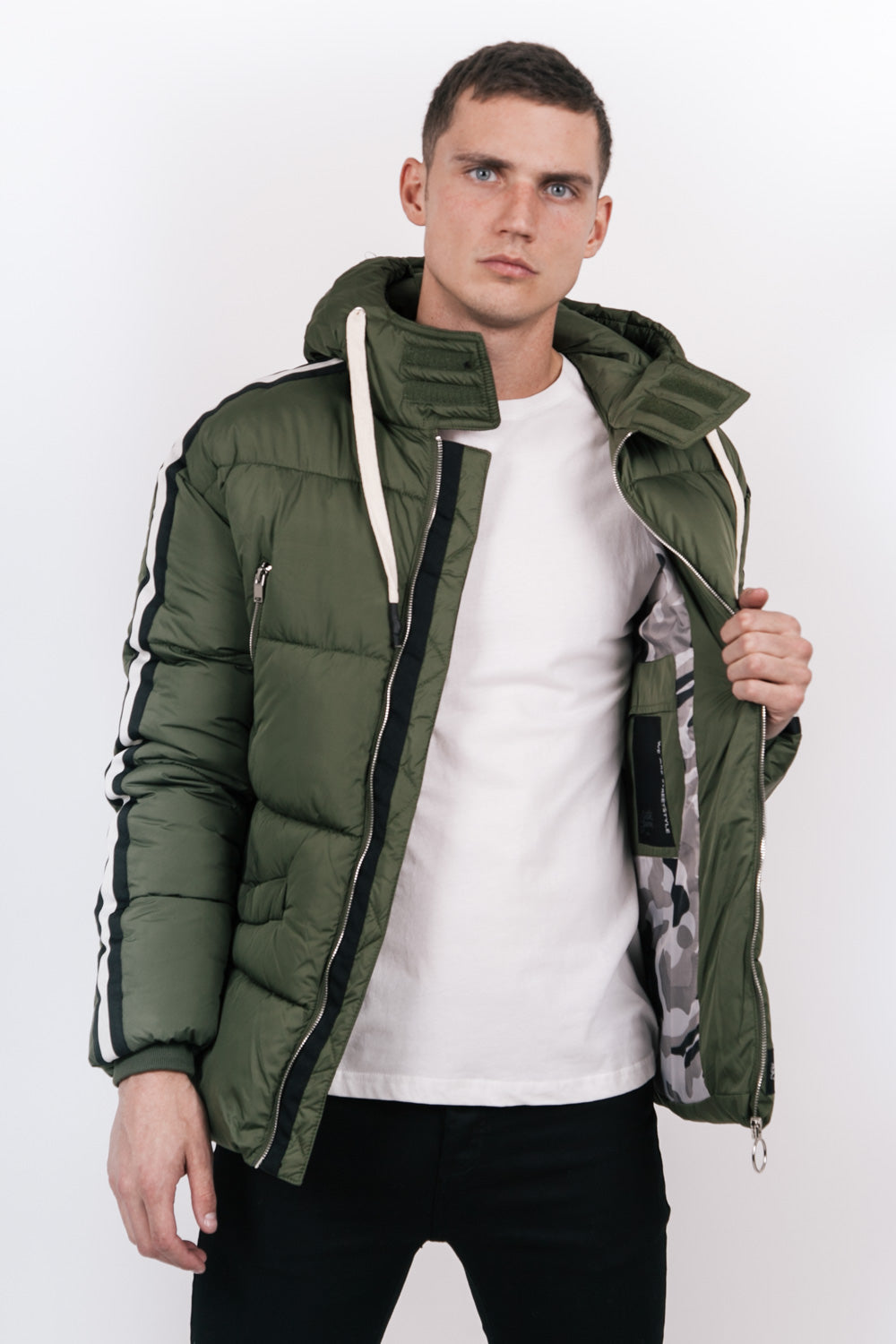 Sixth June - Doudoune bandes capuche kaki noir