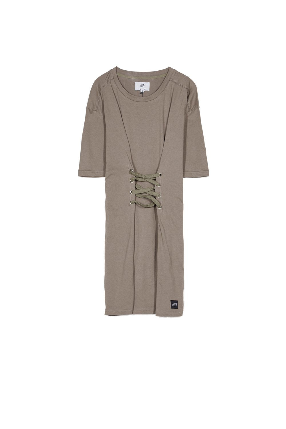 Taupefarbenes T-Shirt-Kleid mit Schnürung vorne