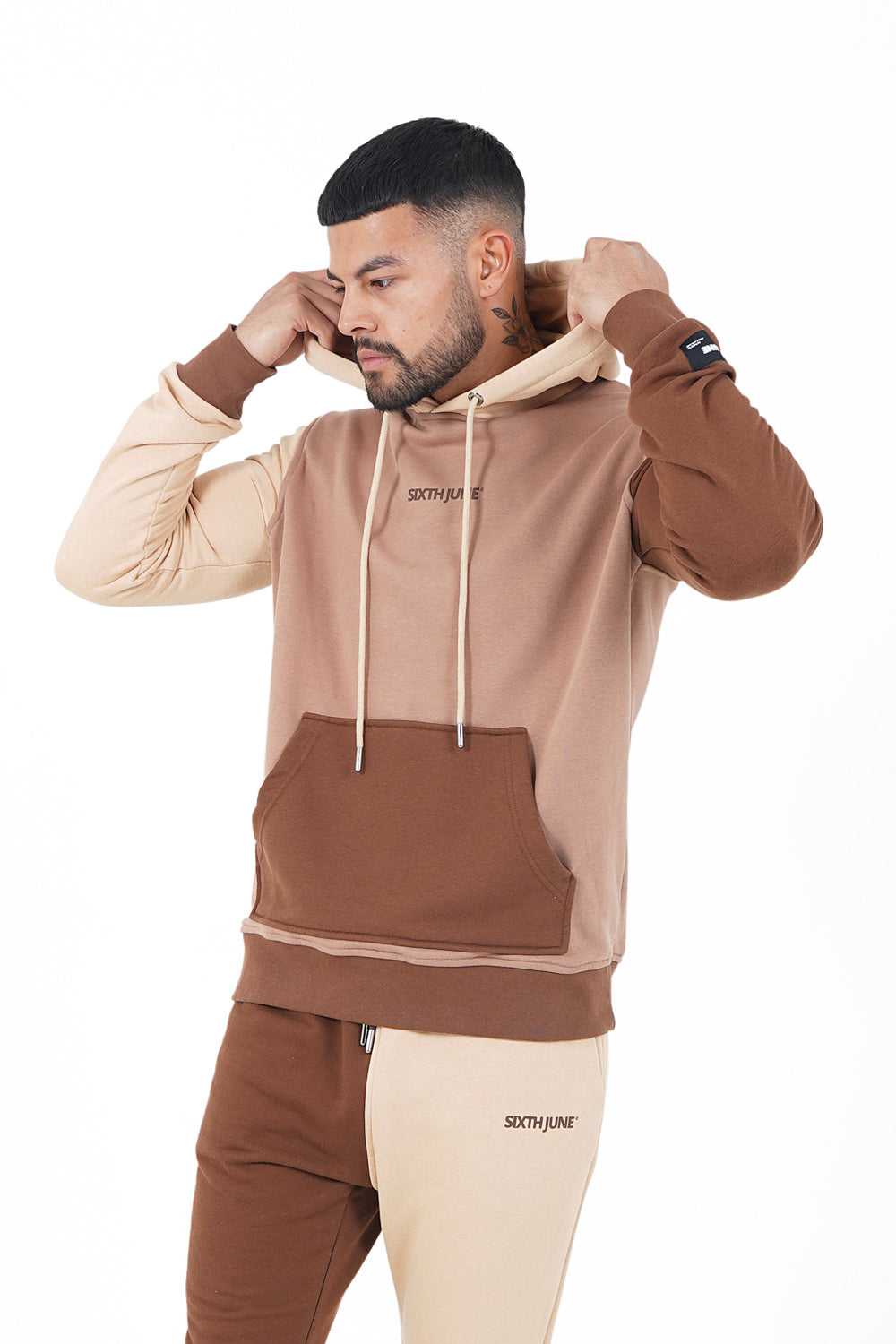 Sixth June - Sweat capuche tricolore logo Marron