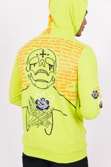 Neongelber Kapuzenpullover mit Totenkopf-Print
