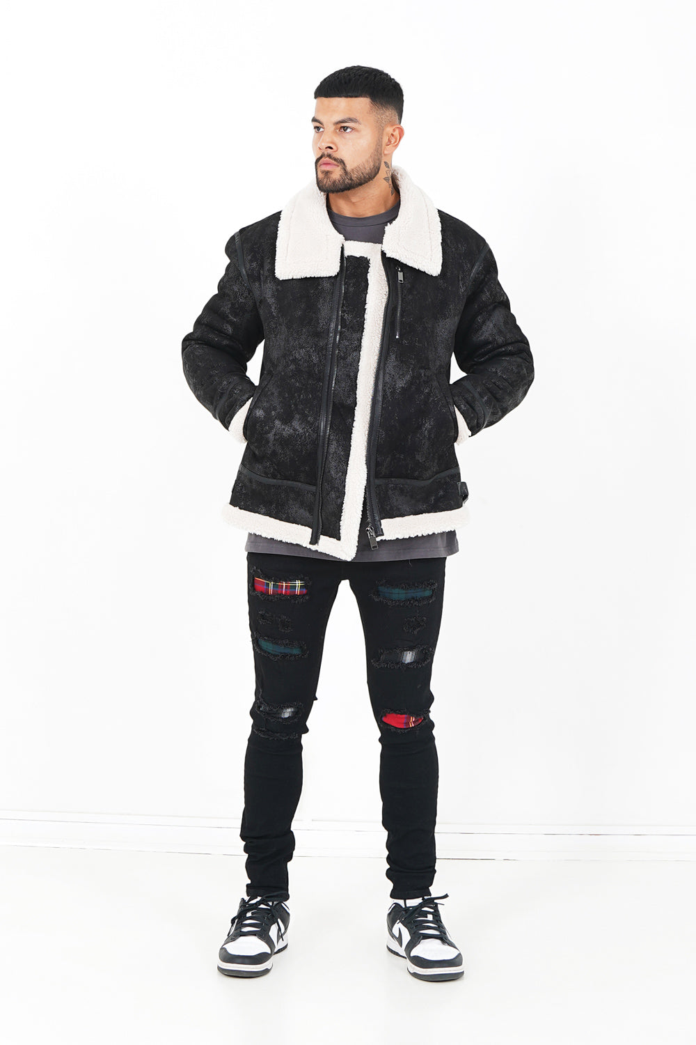 Sixth June - Veste aviateur revers faux mouton Noir-Blanc