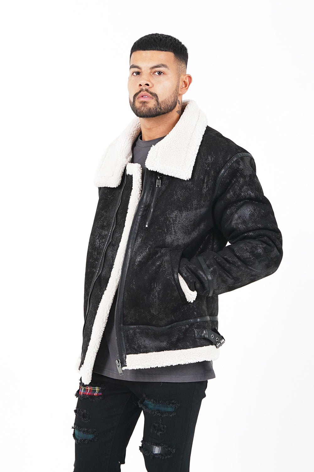 Sixth June - Veste aviateur revers faux mouton Noir-Blanc