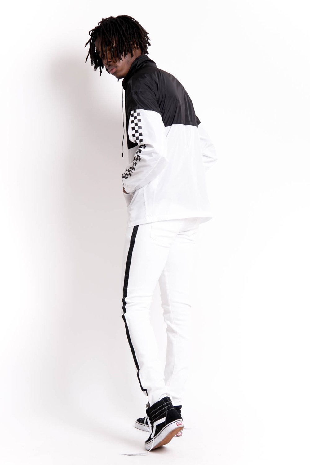 Black Satiny Stripe Jeans White