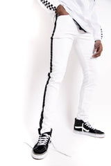Black Satiny Stripe Jeans White