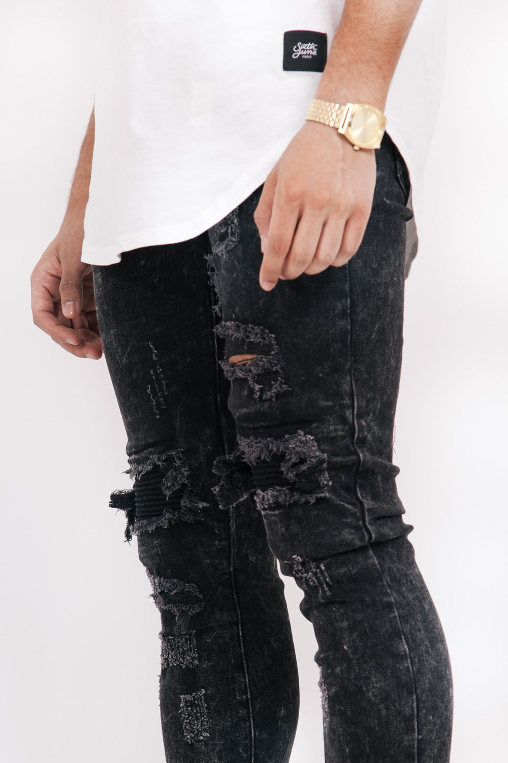 Sixth June - Jean biker destroy noir acid M2244EDE