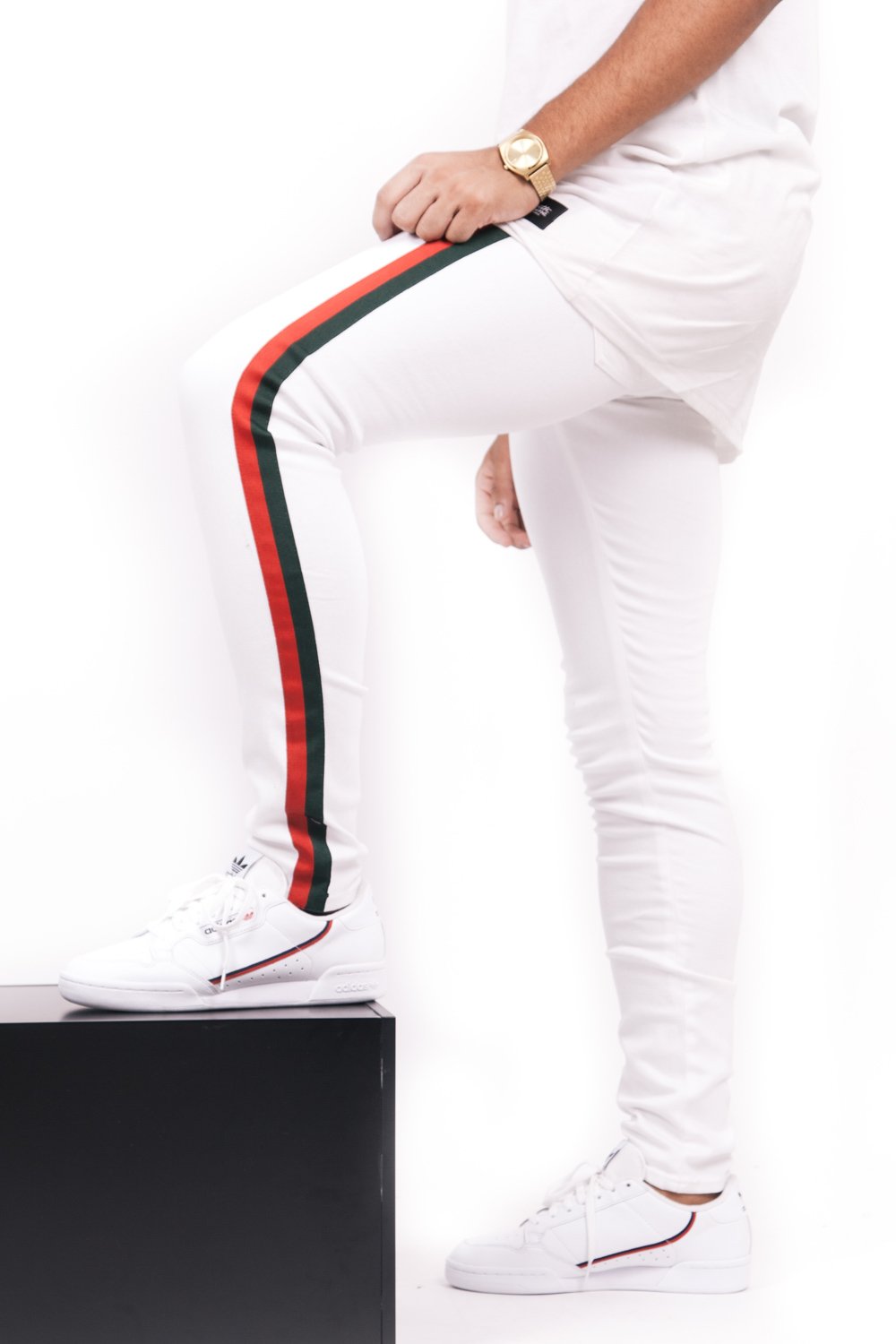 Red Green Satin Side Stripe Jeans White