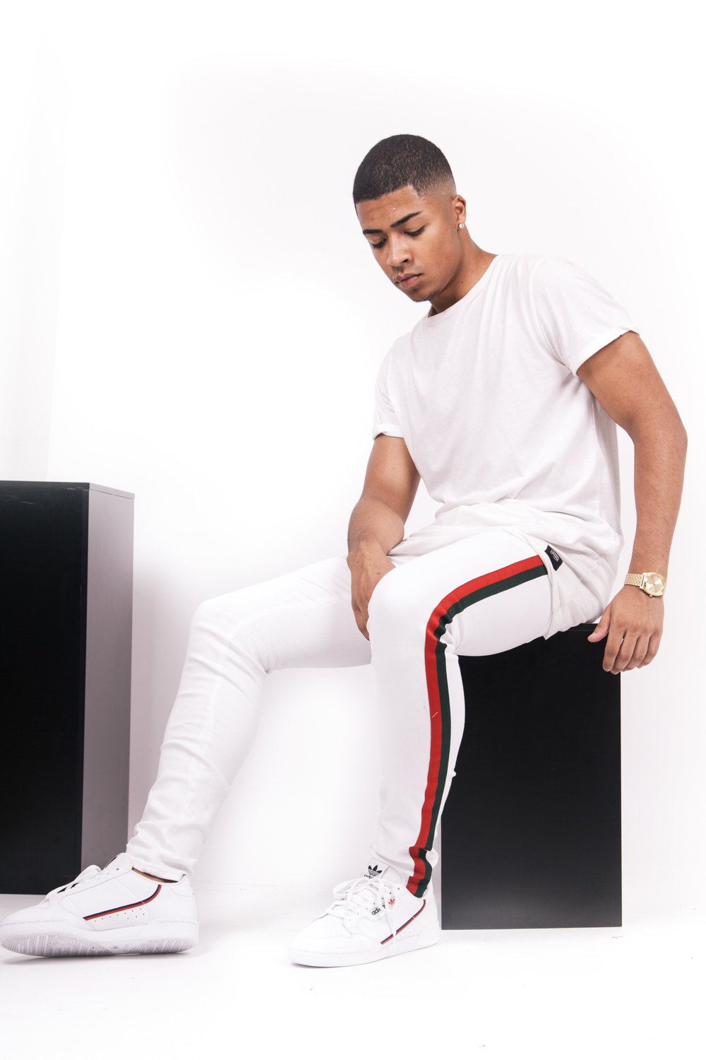Red Green Satin Side Stripe Jeans White