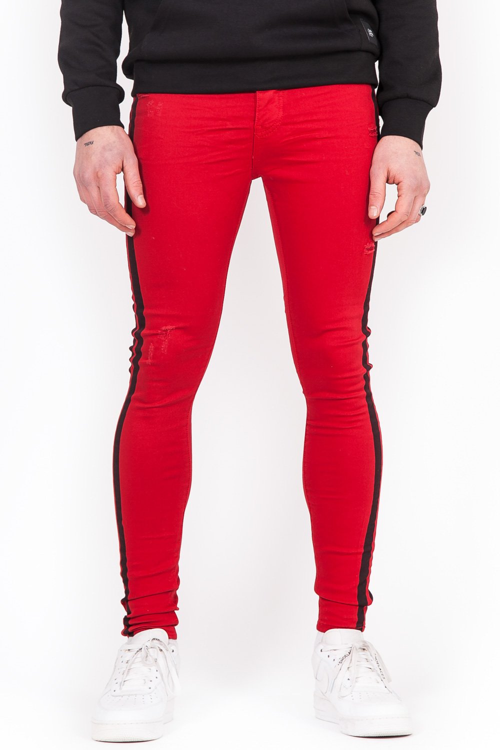Jean bande double rouge noir