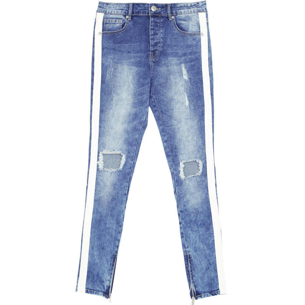 Sixth June - Jean trous bandes blanches bleu foncé