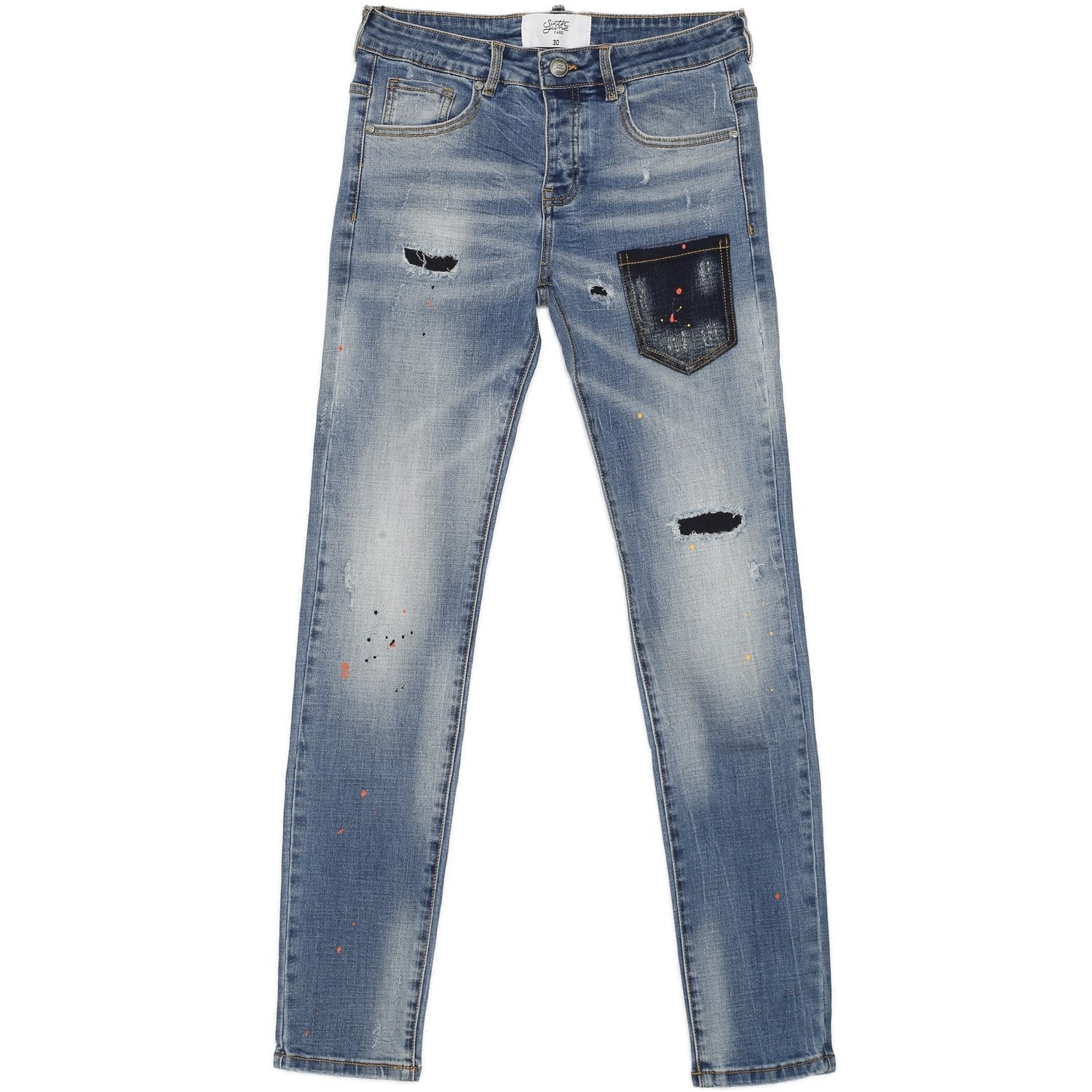 Jean poche tâches multicolores bleu