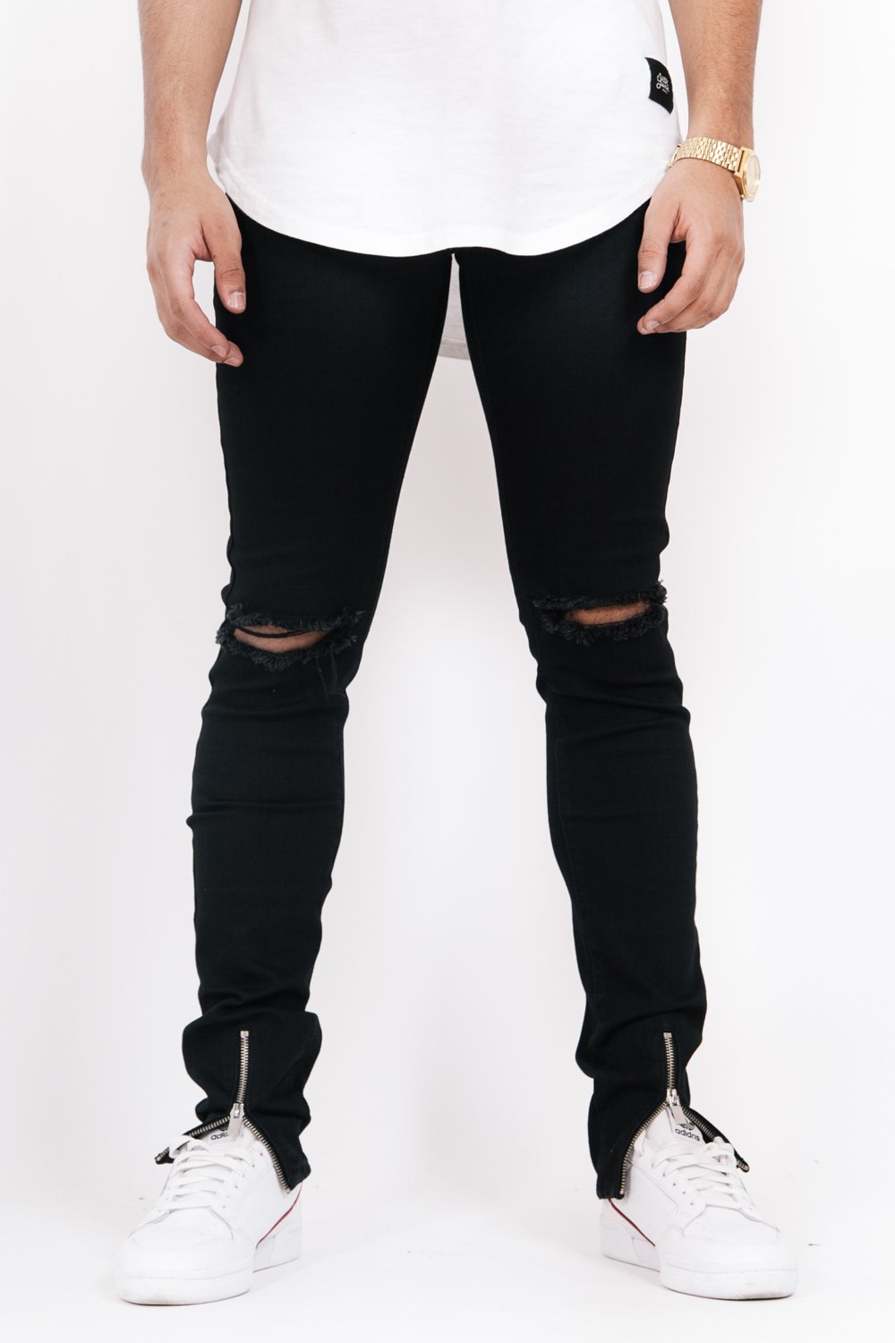 Destroyed Front Zips Jeans Black