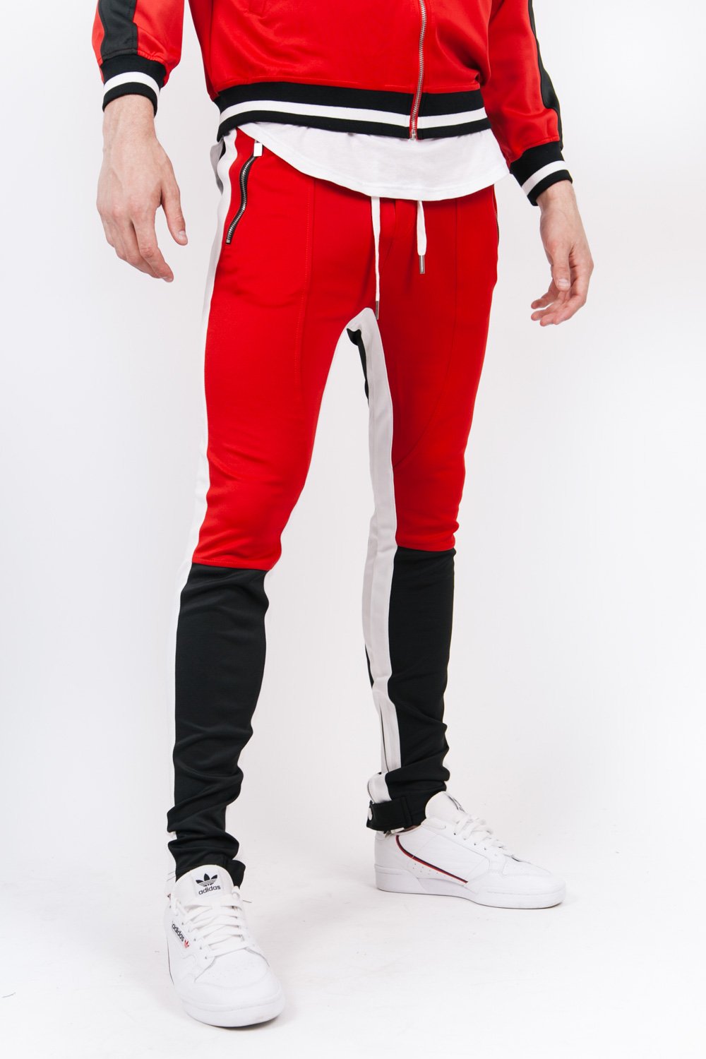 tricolor black red joggers white