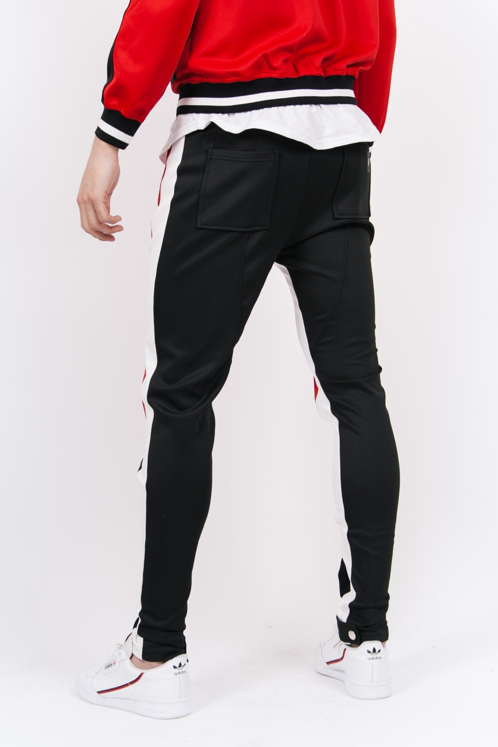 tricolor black red joggers white