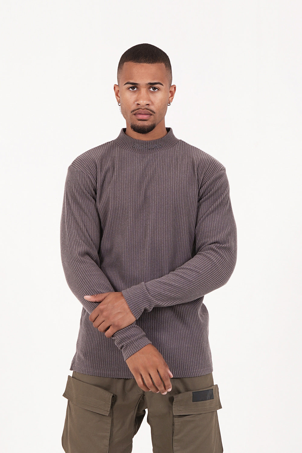 Sixth June - Pull maille côtelé col Gris taupe