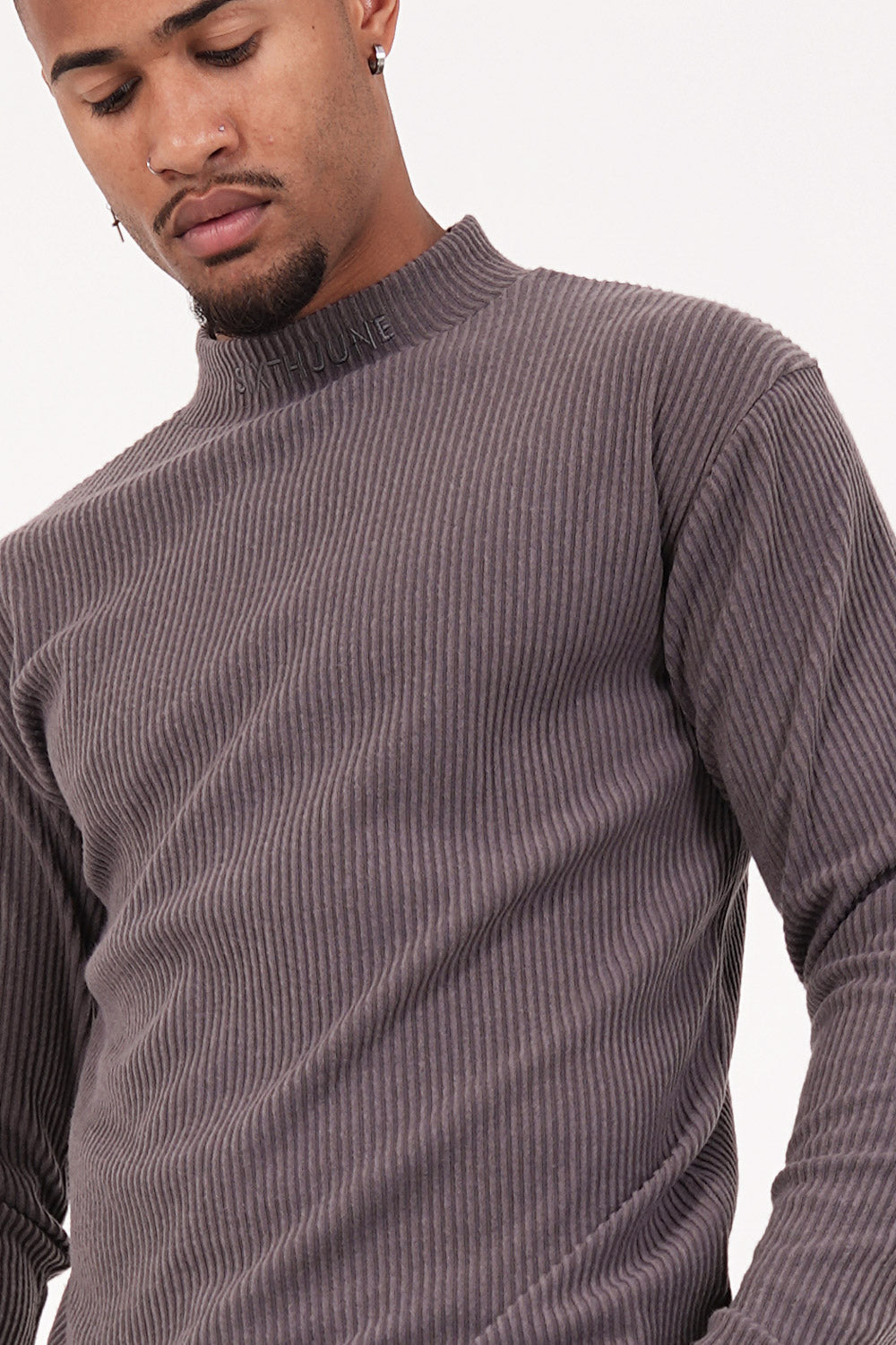 Sixth June - Pull maille côtelé col Gris taupe